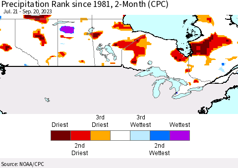 Canada Precipitation Rank since 1981, 2-Month (CPC) Thematic Map For 7/21/2023 - 9/20/2023