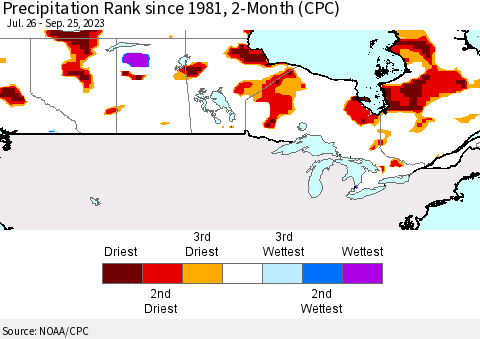 Canada Precipitation Rank since 1981, 2-Month (CPC) Thematic Map For 7/26/2023 - 9/25/2023