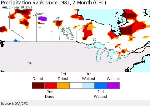 Canada Precipitation Rank since 1981, 2-Month (CPC) Thematic Map For 8/1/2023 - 9/30/2023