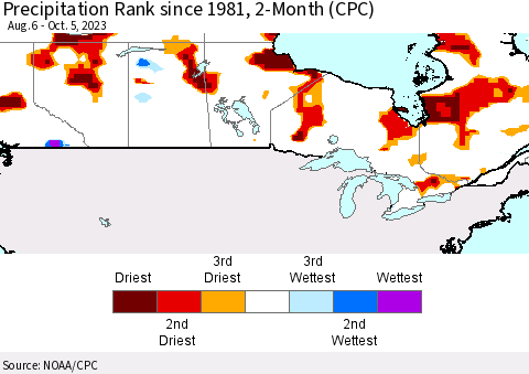 Canada Precipitation Rank since 1981, 2-Month (CPC) Thematic Map For 8/6/2023 - 10/5/2023