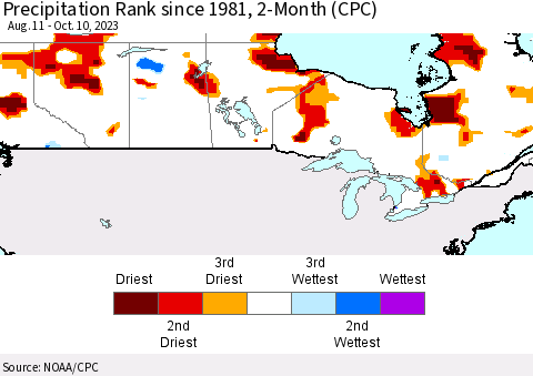 Canada Precipitation Rank since 1981, 2-Month (CPC) Thematic Map For 8/11/2023 - 10/10/2023