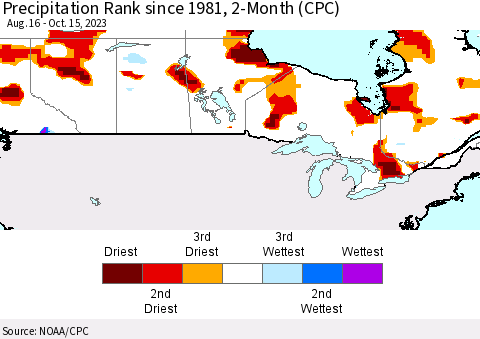 Canada Precipitation Rank since 1981, 2-Month (CPC) Thematic Map For 8/16/2023 - 10/15/2023