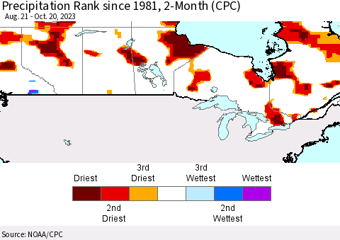 Canada Precipitation Rank since 1981, 2-Month (CPC) Thematic Map For 8/21/2023 - 10/20/2023