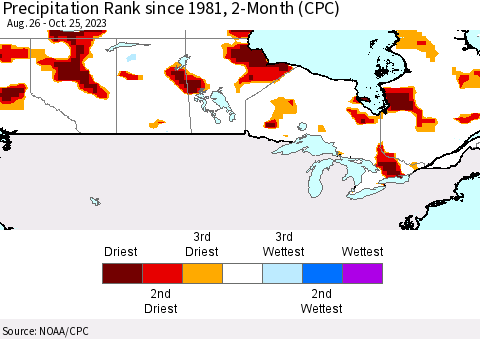 Canada Precipitation Rank since 1981, 2-Month (CPC) Thematic Map For 8/26/2023 - 10/25/2023