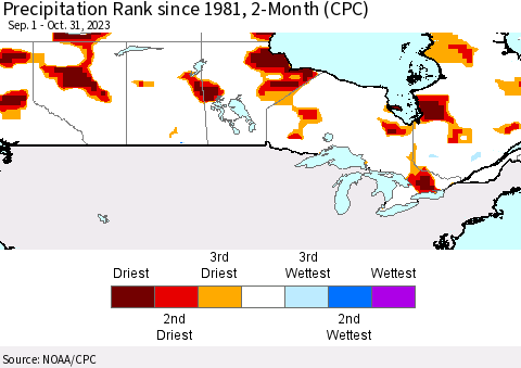 Canada Precipitation Rank since 1981, 2-Month (CPC) Thematic Map For 9/1/2023 - 10/31/2023