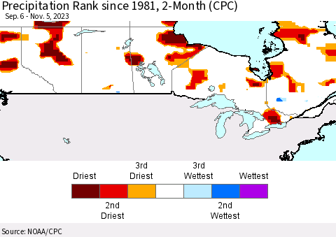 Canada Precipitation Rank since 1981, 2-Month (CPC) Thematic Map For 9/6/2023 - 11/5/2023