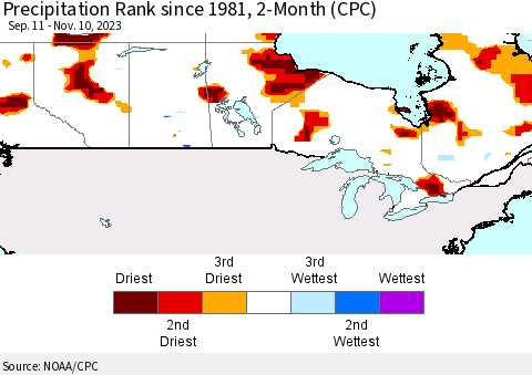 Canada Precipitation Rank since 1981, 2-Month (CPC) Thematic Map For 9/11/2023 - 11/10/2023