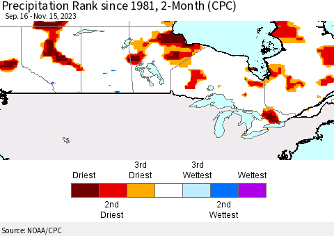 Canada Precipitation Rank since 1981, 2-Month (CPC) Thematic Map For 9/16/2023 - 11/15/2023