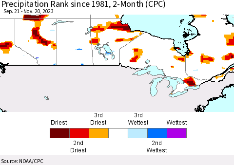 Canada Precipitation Rank since 1981, 2-Month (CPC) Thematic Map For 9/21/2023 - 11/20/2023
