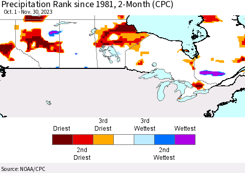 Canada Precipitation Rank since 1981, 2-Month (CPC) Thematic Map For 10/1/2023 - 11/30/2023
