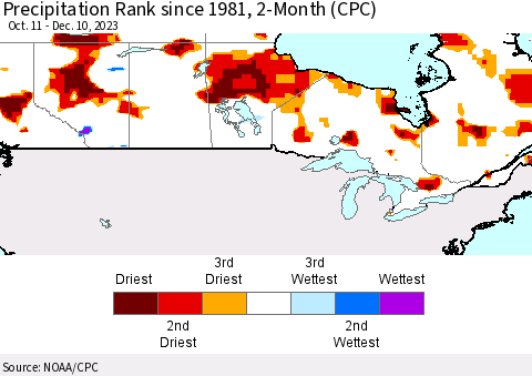 Canada Precipitation Rank since 1981, 2-Month (CPC) Thematic Map For 10/11/2023 - 12/10/2023