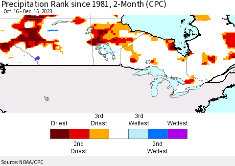Canada Precipitation Rank since 1981, 2-Month (CPC) Thematic Map For 10/16/2023 - 12/15/2023