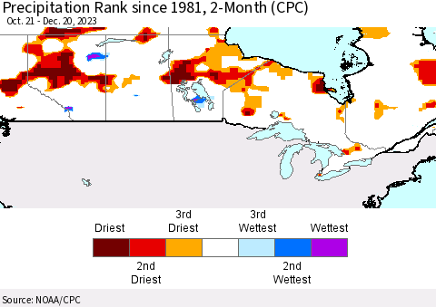 Canada Precipitation Rank since 1981, 2-Month (CPC) Thematic Map For 10/21/2023 - 12/20/2023