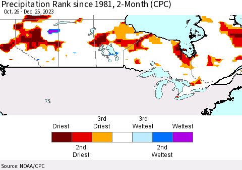 Canada Precipitation Rank since 1981, 2-Month (CPC) Thematic Map For 10/26/2023 - 12/25/2023