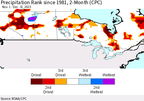 Canada Precipitation Rank since 1981, 2-Month (CPC) Thematic Map For 11/1/2023 - 12/31/2023
