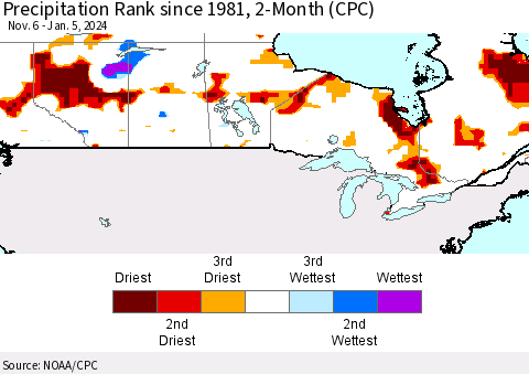 Canada Precipitation Rank since 1981, 2-Month (CPC) Thematic Map For 11/6/2023 - 1/5/2024