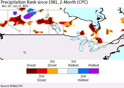 Canada Precipitation Rank since 1981, 2-Month (CPC) Thematic Map For 11/16/2023 - 1/15/2024