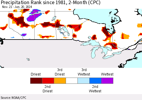 Canada Precipitation Rank since 1981, 2-Month (CPC) Thematic Map For 11/21/2023 - 1/20/2024