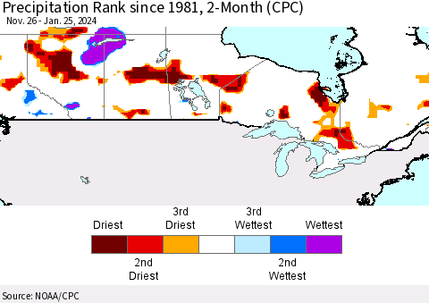 Canada Precipitation Rank since 1981, 2-Month (CPC) Thematic Map For 11/26/2023 - 1/25/2024