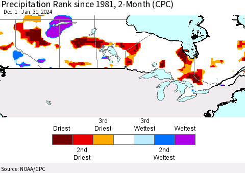 Canada Precipitation Rank since 1981, 2-Month (CPC) Thematic Map For 12/1/2023 - 1/31/2024