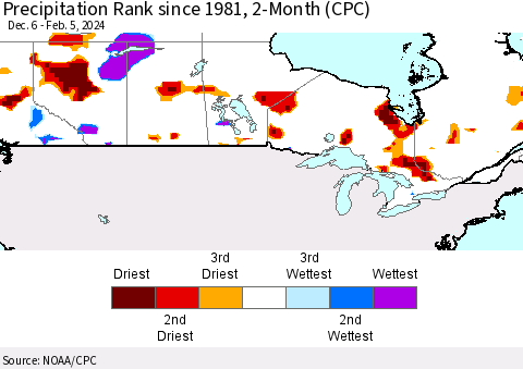 Canada Precipitation Rank since 1981, 2-Month (CPC) Thematic Map For 12/6/2023 - 2/5/2024