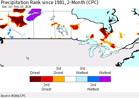 Canada Precipitation Rank since 1981, 2-Month (CPC) Thematic Map For 12/16/2023 - 2/15/2024