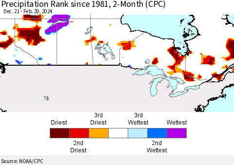 Canada Precipitation Rank since 1981, 2-Month (CPC) Thematic Map For 12/21/2023 - 2/20/2024
