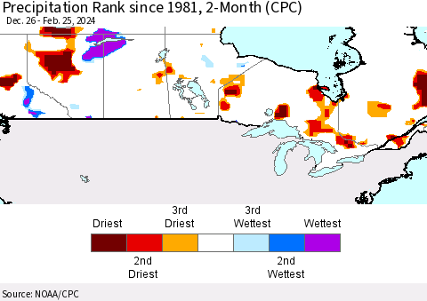 Canada Precipitation Rank since 1981, 2-Month (CPC) Thematic Map For 12/26/2023 - 2/25/2024