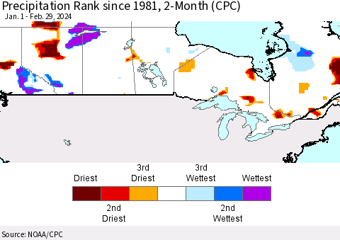 Canada Precipitation Rank since 1981, 2-Month (CPC) Thematic Map For 1/1/2024 - 2/29/2024