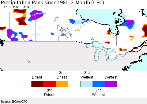 Canada Precipitation Rank since 1981, 2-Month (CPC) Thematic Map For 1/6/2024 - 3/5/2024