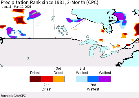 Canada Precipitation Rank since 1981, 2-Month (CPC) Thematic Map For 1/11/2024 - 3/10/2024
