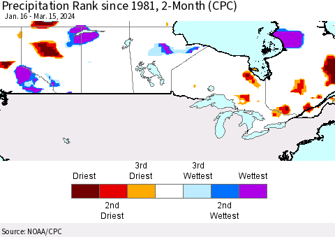 Canada Precipitation Rank since 1981, 2-Month (CPC) Thematic Map For 1/16/2024 - 3/15/2024