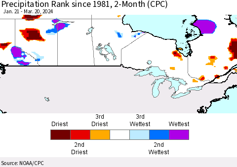 Canada Precipitation Rank since 1981, 2-Month (CPC) Thematic Map For 1/21/2024 - 3/20/2024