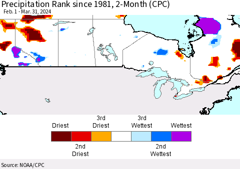 Canada Precipitation Rank since 1981, 2-Month (CPC) Thematic Map For 2/1/2024 - 3/31/2024