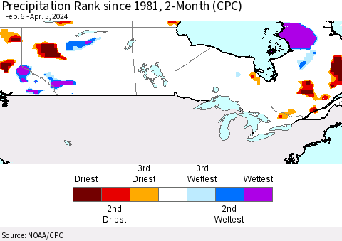 Canada Precipitation Rank since 1981, 2-Month (CPC) Thematic Map For 2/6/2024 - 4/5/2024
