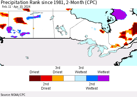 Canada Precipitation Rank since 1981, 2-Month (CPC) Thematic Map For 2/11/2024 - 4/10/2024