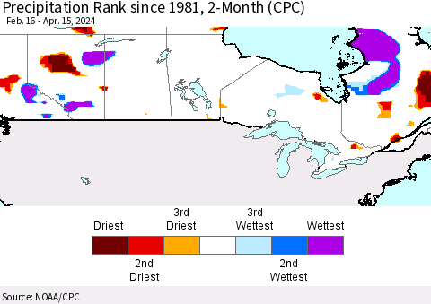 Canada Precipitation Rank since 1981, 2-Month (CPC) Thematic Map For 2/16/2024 - 4/15/2024