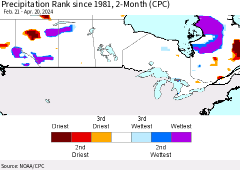 Canada Precipitation Rank since 1981, 2-Month (CPC) Thematic Map For 2/21/2024 - 4/20/2024