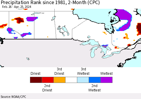 Canada Precipitation Rank since 1981, 2-Month (CPC) Thematic Map For 2/26/2024 - 4/25/2024