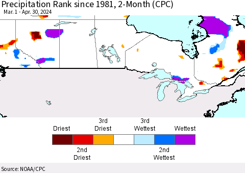 Canada Precipitation Rank since 1981, 2-Month (CPC) Thematic Map For 3/1/2024 - 4/30/2024