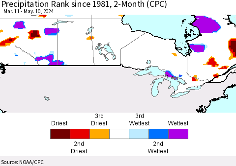 Canada Precipitation Rank since 1981, 2-Month (CPC) Thematic Map For 3/11/2024 - 5/10/2024