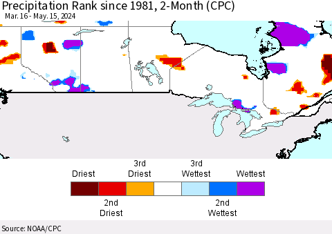 Canada Precipitation Rank since 1981, 2-Month (CPC) Thematic Map For 3/16/2024 - 5/15/2024