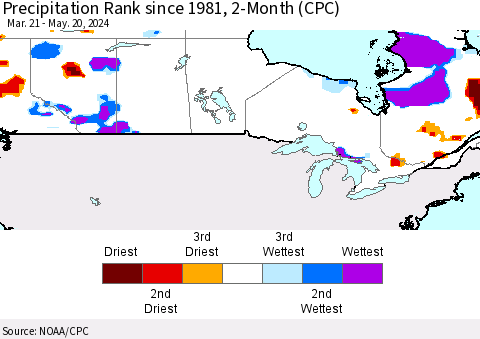 Canada Precipitation Rank since 1981, 2-Month (CPC) Thematic Map For 3/21/2024 - 5/20/2024