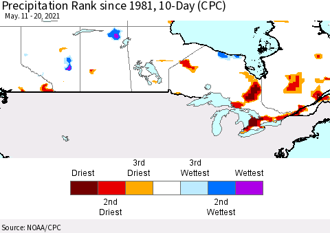 Canada Precipitation Rank since 1981, 10-Day (CPC) Thematic Map For 5/11/2021 - 5/20/2021