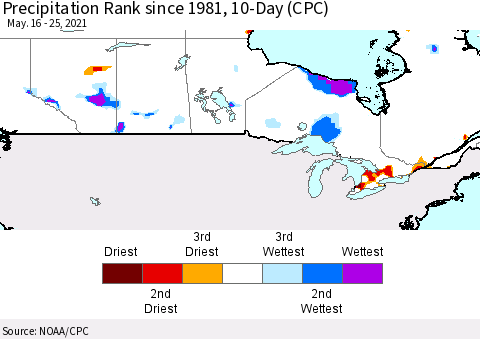 Canada Precipitation Rank since 1981, 10-Day (CPC) Thematic Map For 5/16/2021 - 5/25/2021
