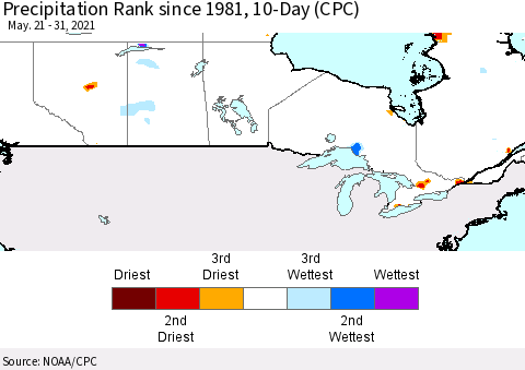Canada Precipitation Rank since 1981, 10-Day (CPC) Thematic Map For 5/21/2021 - 5/31/2021