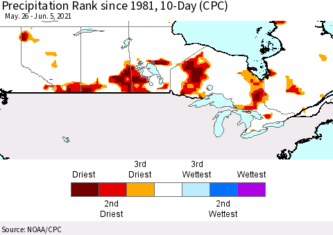 Canada Precipitation Rank since 1981, 10-Day (CPC) Thematic Map For 5/26/2021 - 6/5/2021