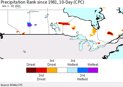 Canada Precipitation Rank since 1981, 10-Day (CPC) Thematic Map For 6/1/2021 - 6/10/2021