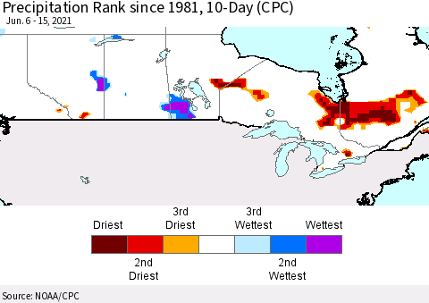 Canada Precipitation Rank since 1981, 10-Day (CPC) Thematic Map For 6/6/2021 - 6/15/2021