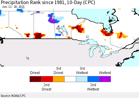 Canada Precipitation Rank since 1981, 10-Day (CPC) Thematic Map For 6/11/2021 - 6/20/2021